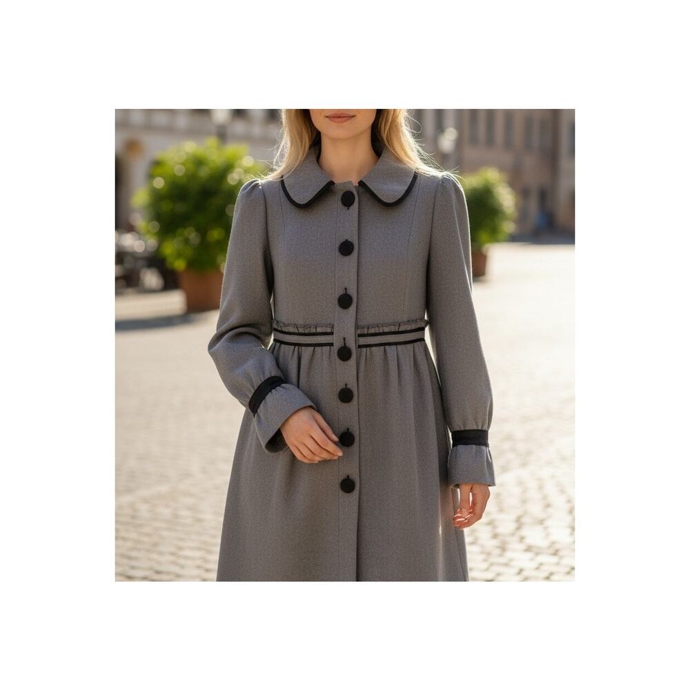 VTG Y2K Wool Blend Coat Ruffle Peter Pan Collar M Cottage Tweemo Whimsygoth Midi